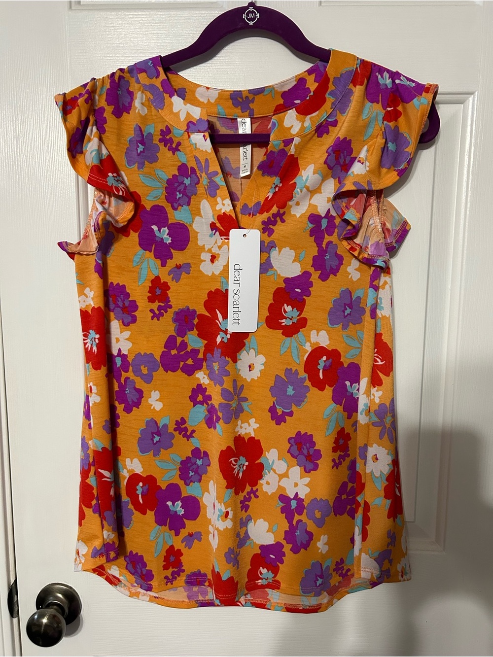 Dear Scarlett Lizzy Flutter Sleeve Orange Floral Tunic Top Size Medium New